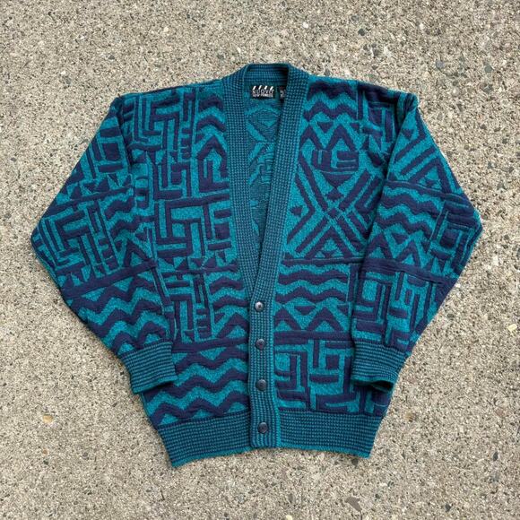 Vintage Nuovo New Forces Cardigan Teal / Navy Blue Knit Geometric Sweater - Picture 1 of 4